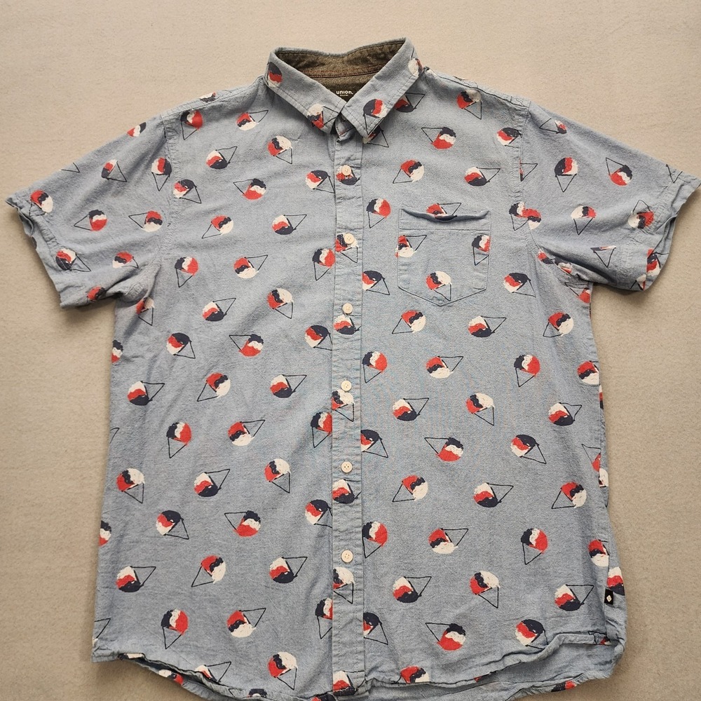 Union Bay Men's Large Button Front Shirt Blue Geometric Print Short Sleeve...